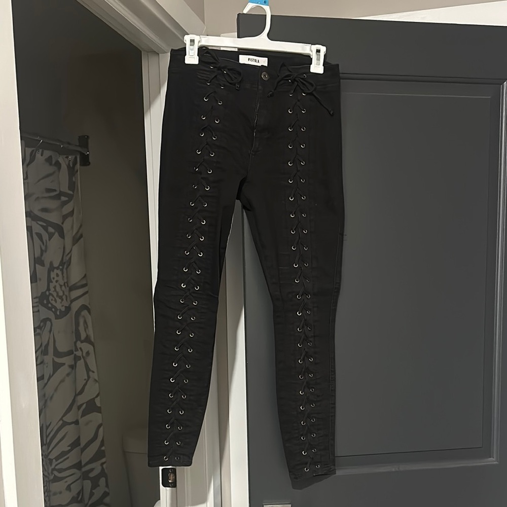 Black Lace-Up Front Skinny Jeans